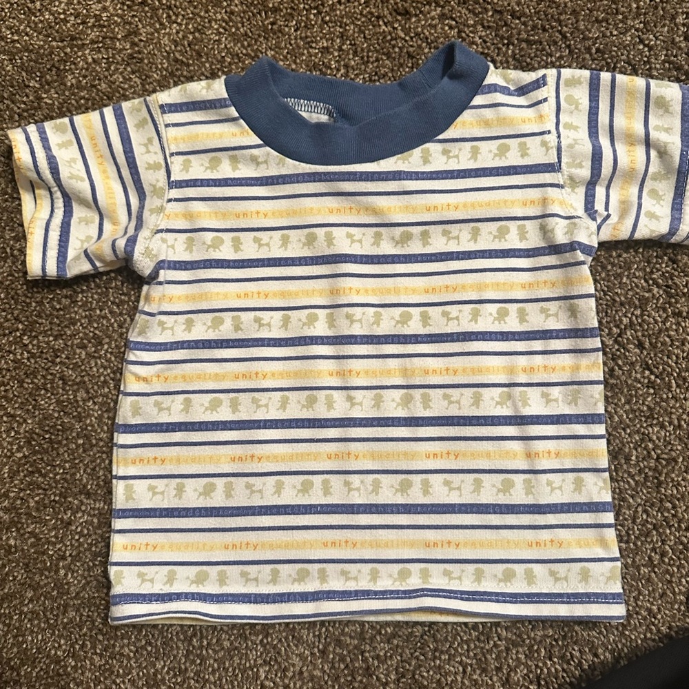 Vintage Disney it’s a Small World Striped Kids Shirt - Blue, Yellow, Gray